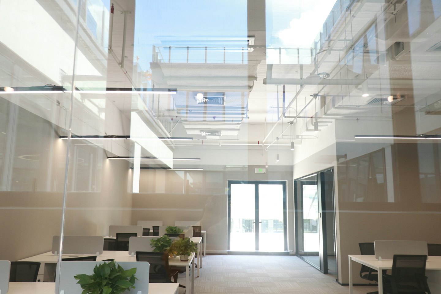 Modern open-plan office with white workstations and plants.